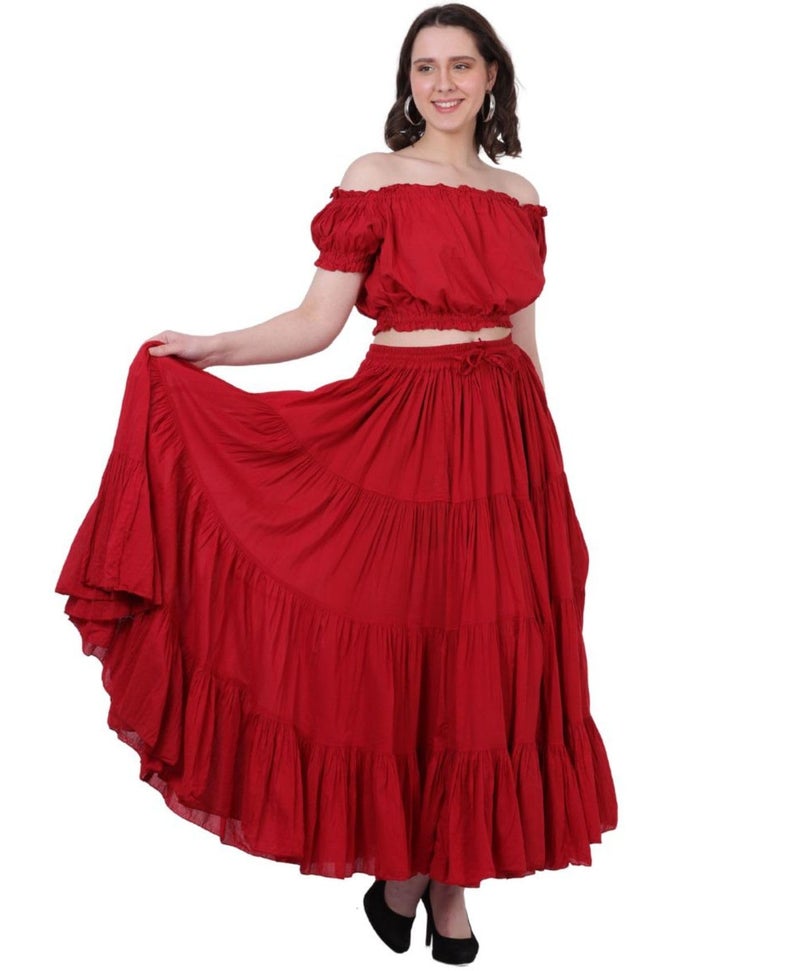 WevezÂ® Women's Plus Size Gypsy 25 Yard Long Flowy Solid Color Renaissance fair Skirt, Red - Image 4